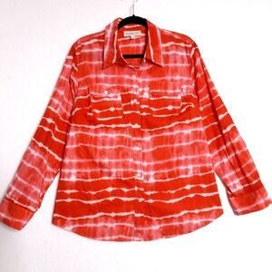 Jones New York Sport Shirt Womens 1X Red White Tie Dye Cotton Button Up Roll Tab